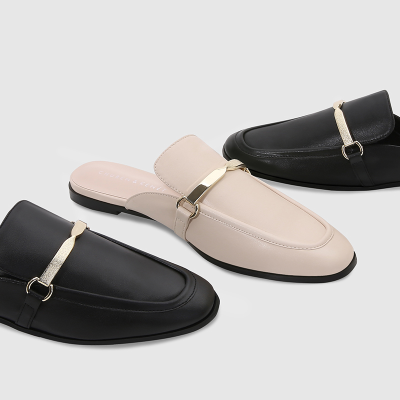 churen&kenet小ck包头半拖鞋女夏外穿穆勒鞋金属扣平底鞋真皮凉拖