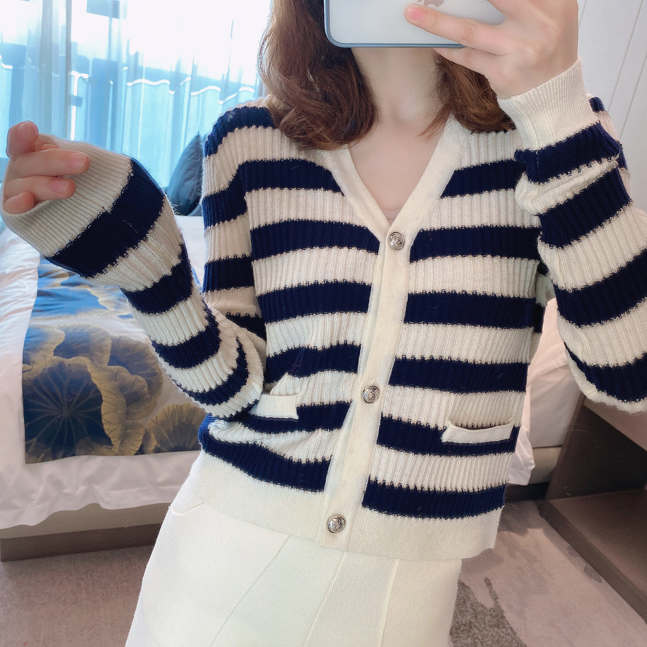 春秋小香风外套针织衫短款休闲潮流百搭条纹秋季毛针织衫