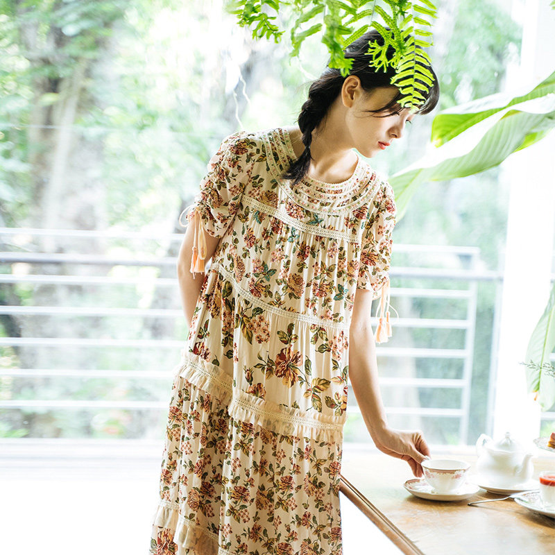 charfen朝峰夏季新款气质碎花长裙圆领连衣裙cfb2e321337g连衣裙