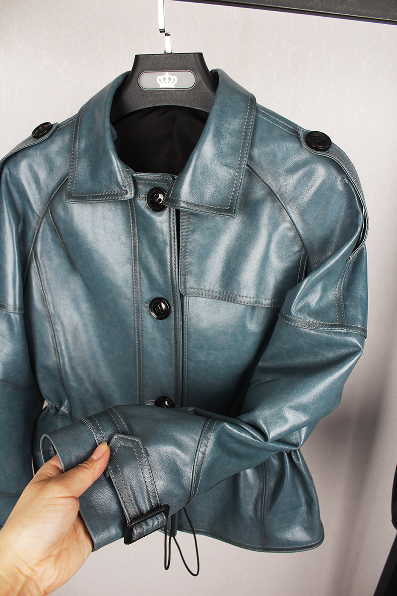 海宁真皮皮衣新款韩版肩章夹克做旧油蜡抽绳皮衣