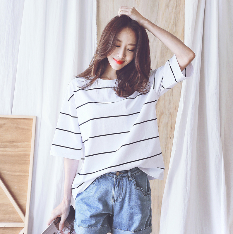 定制印LOGO纯棉半袖黑白条纹t恤女夏宽松韩版白色短袖中袖上衣潮