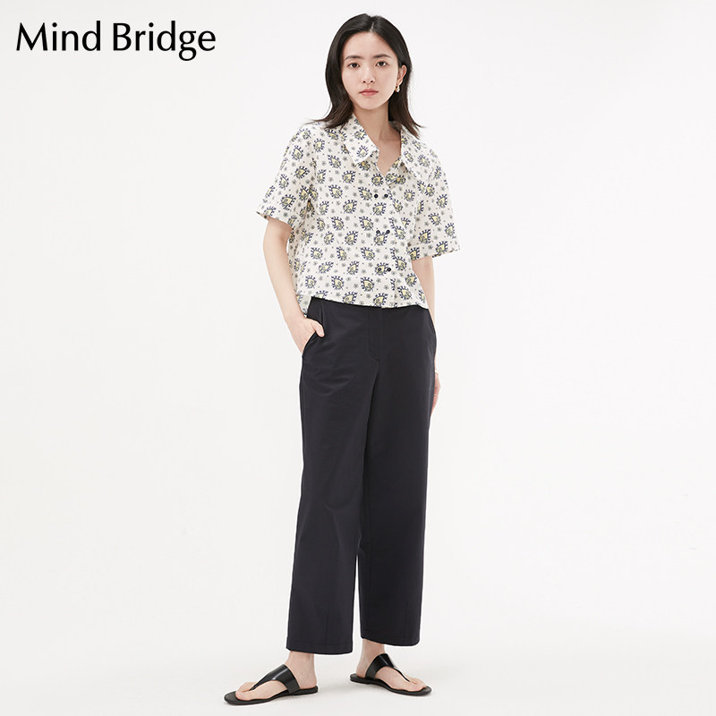 mindbridge百家好女士衬衫休闲宽松春夏新款印花短袖衬衫