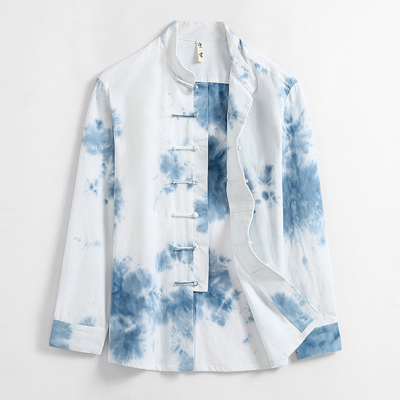 唐装男潮牌复古国潮中式衬衫男长袖春秋季扎染印花衬衣中国风男装