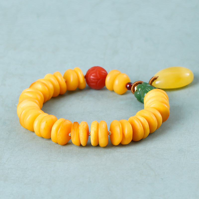 璞彩天然琥珀蜜蜡扁珠手串男女款手饰老蜜形单手饰