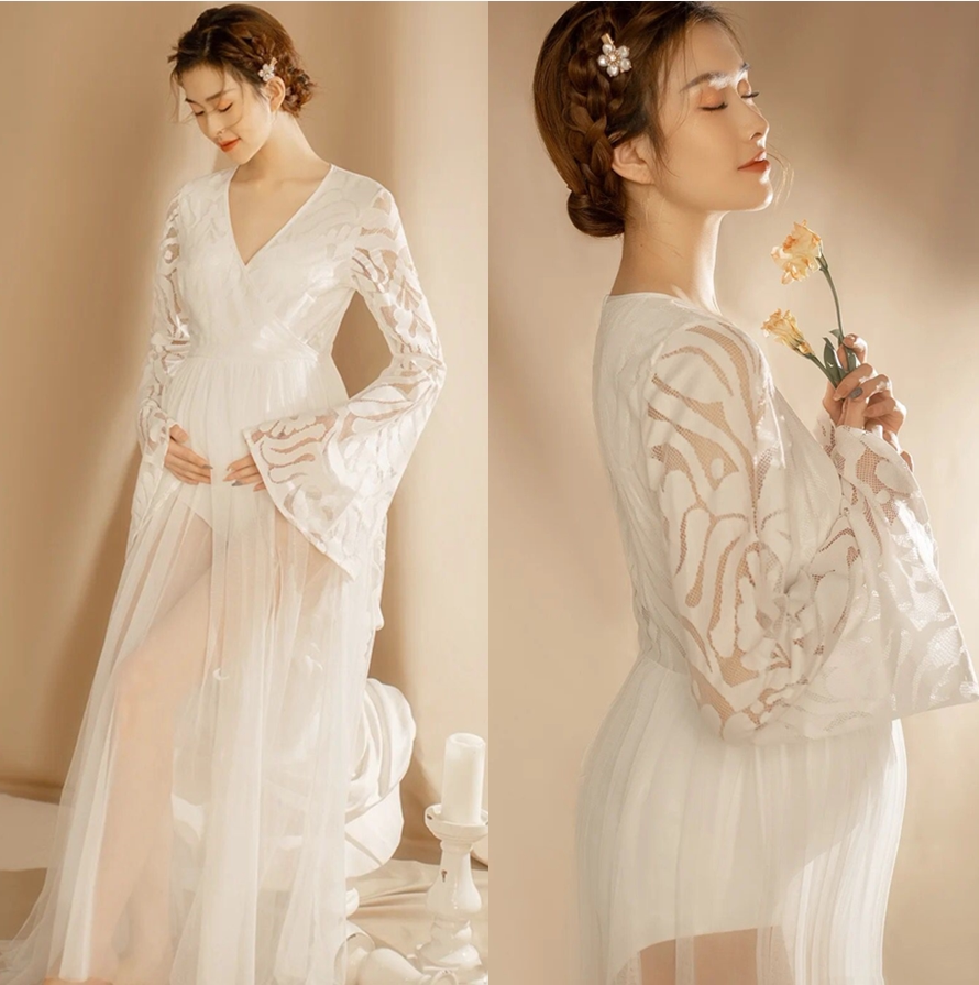 影楼孕妇摄影服装孕妈咪大肚写真私房照服装时尚白色纱裙拍照礼服