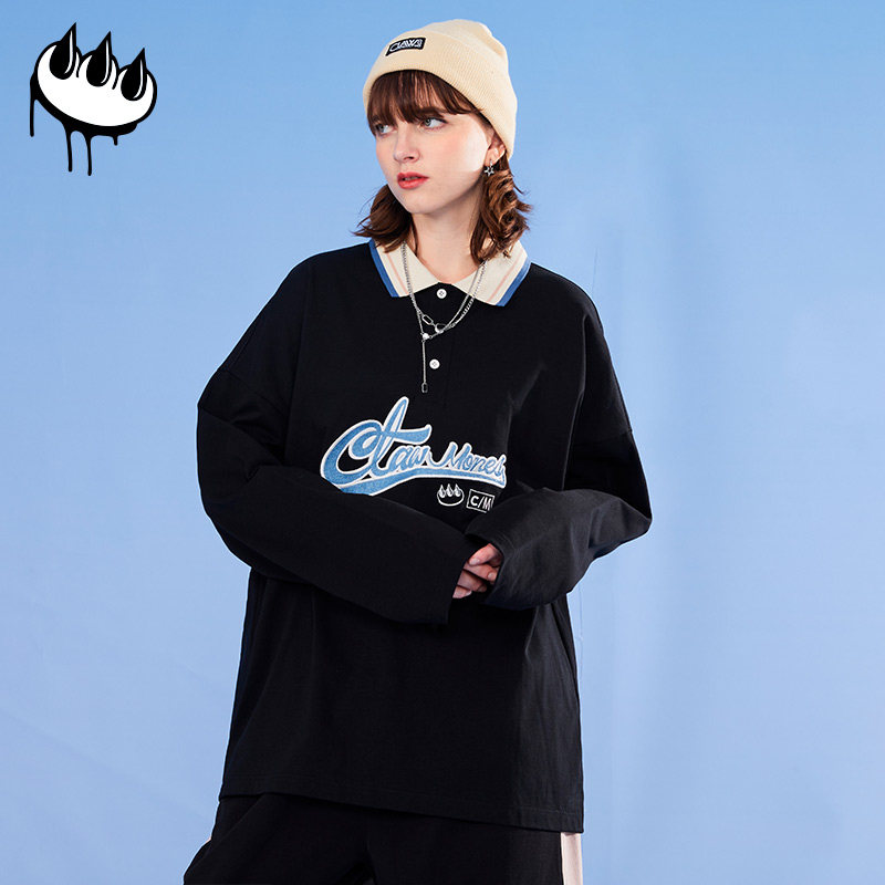 clawmoney潮牌秋季新款长袖polo衫男纯色翻领polo衫