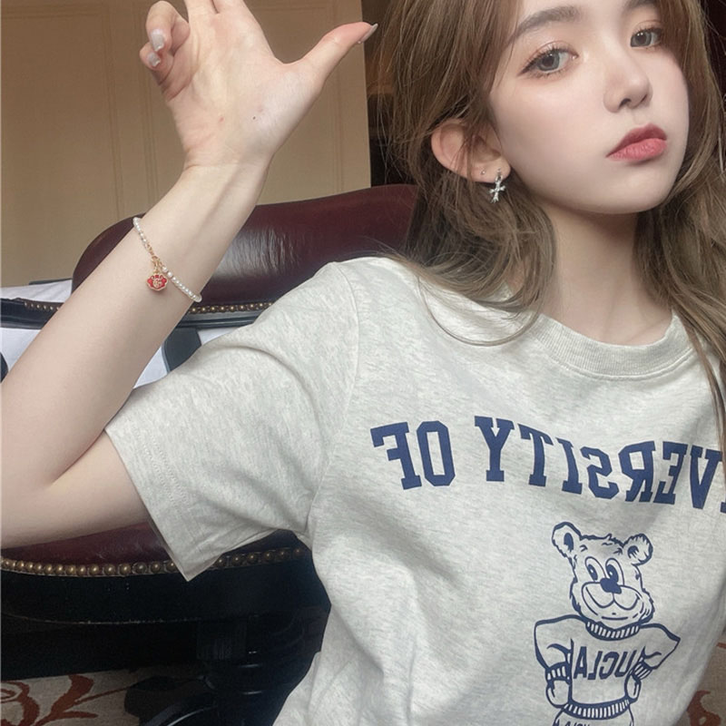 时尚T恤女装ins潮2022夏季新款韩版短袖宽松小熊卡通印花灰色上衣