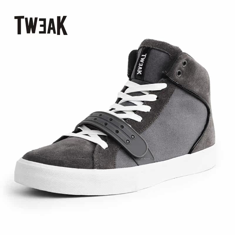 tweak特威克春秋季男鞋 搭扣系带帆布拼接真牛皮高帮休闲鞋男板鞋