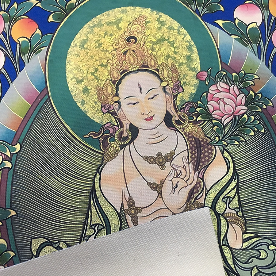 唐卡白度母佛像画芯涂色diy描金白描线稿西藏diy