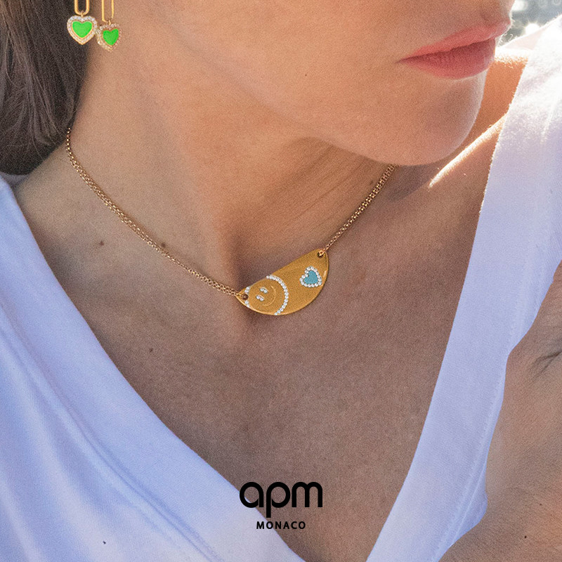 apmmonaco新品笑脸吊牌项链入夏必备方牌锁骨项链
