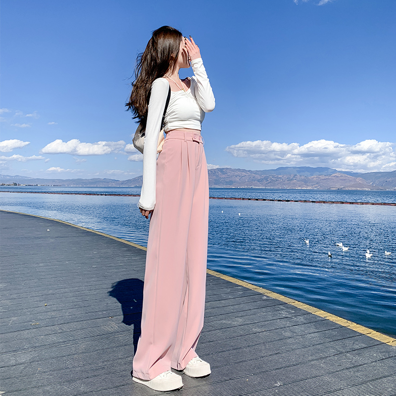冰丝阔腿裤女春秋2022新款高腰垂感显瘦拖地裤子直筒粉色西装裤夏
