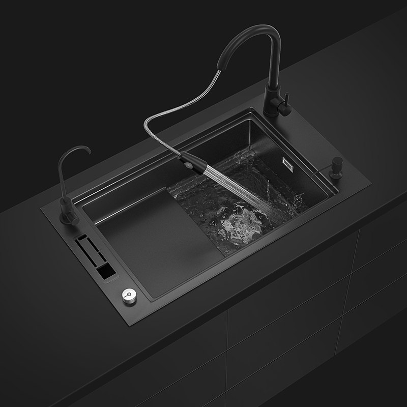 水槽单槽带刀架小户户型黑色纳米不锈钢侧边高低水槽套餐