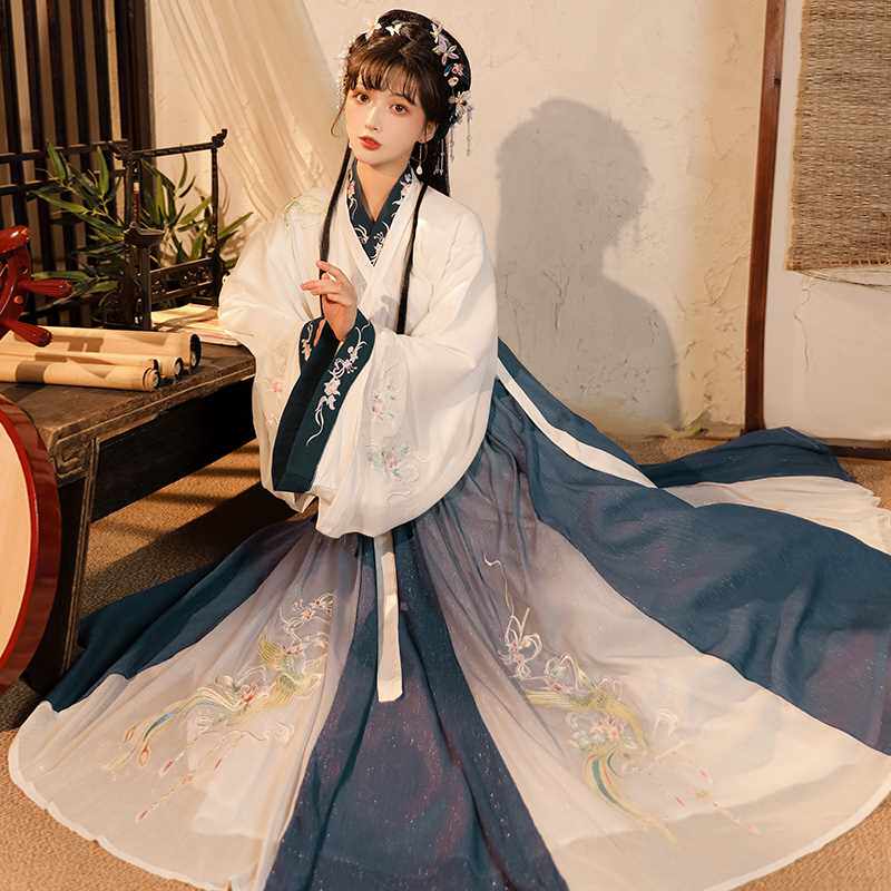 醉婉亭原创【醉鸟集】汉服女魏晋风刺绣古装大袖交领齐腰襦裙套装