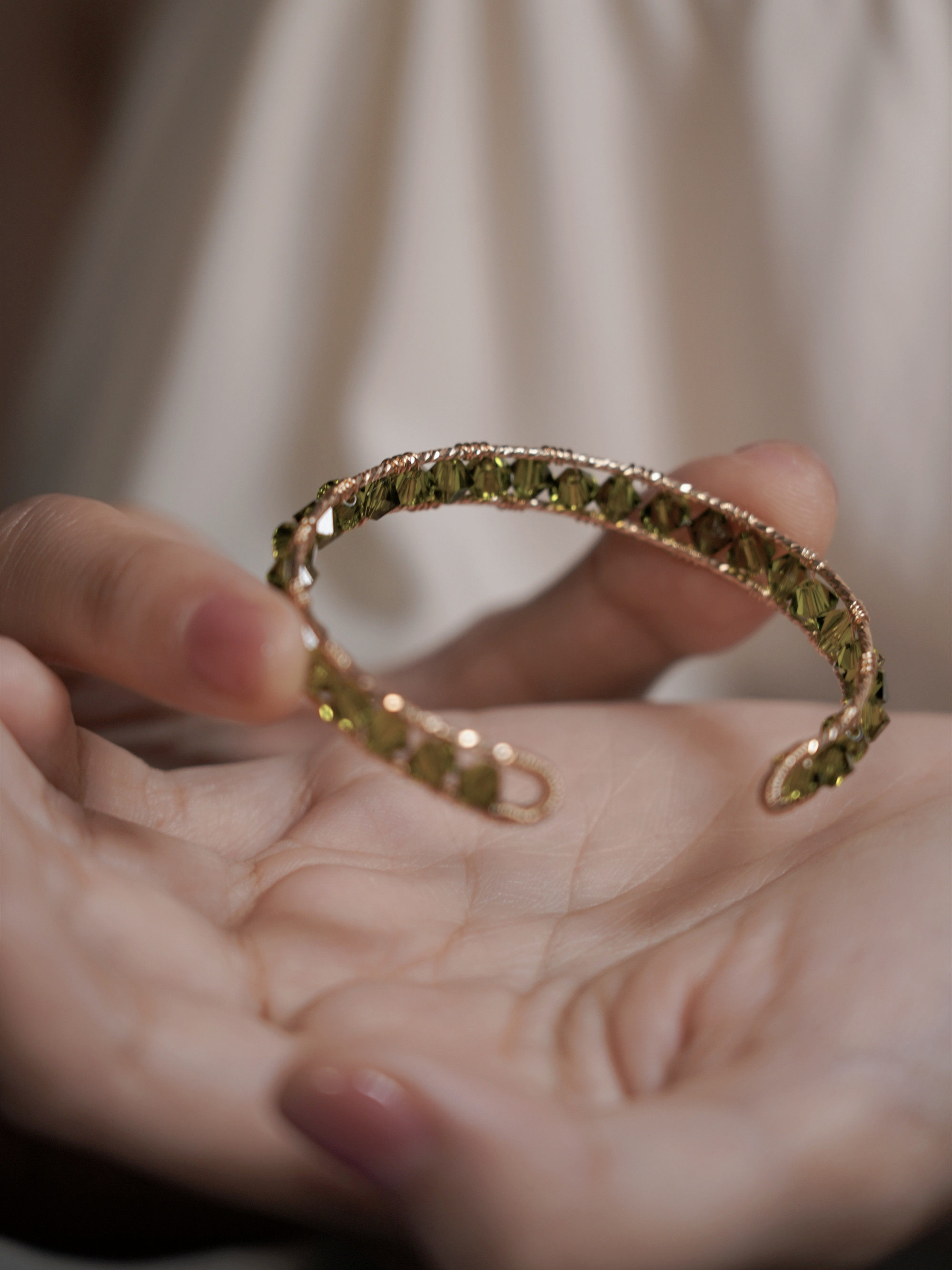 lemonstudio原创手工小众复古橄榄绿施家水晶绕线手镯
