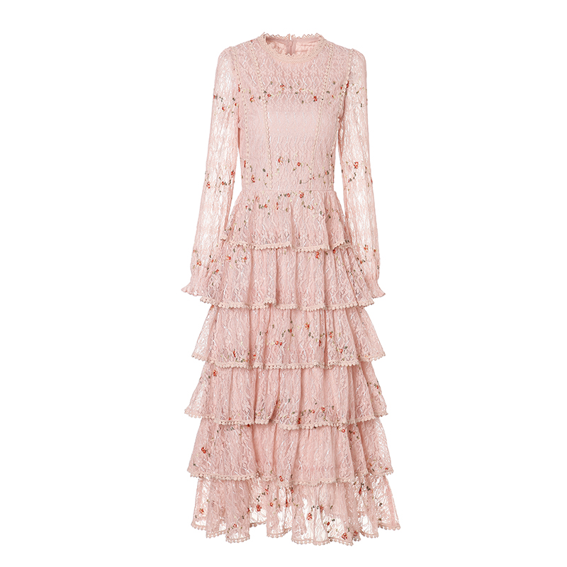 2019秋季新款长袖蕾丝绣花粉色连衣裙女高腰甜美公主蛋糕裙中长款