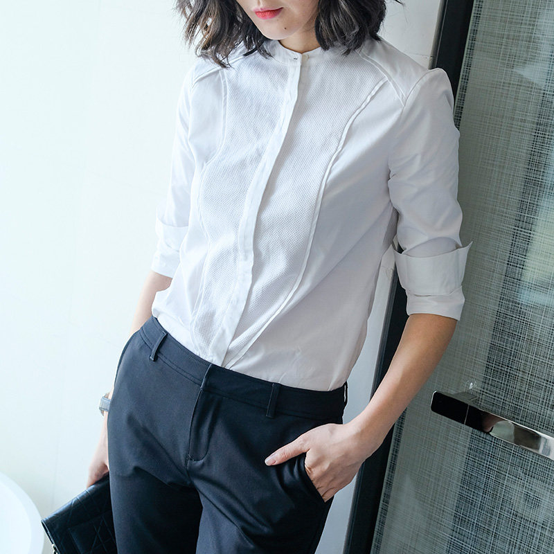 2019秋季新款立领宽松显瘦提花短款衬衫女假口袋设计感小衫chic潮