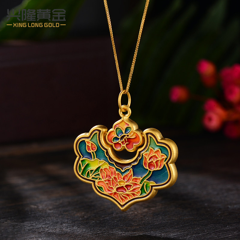 兴隆黄金古法烧蓝花藤锁吊坠足金999花样年华福锁女黄金项链吊坠