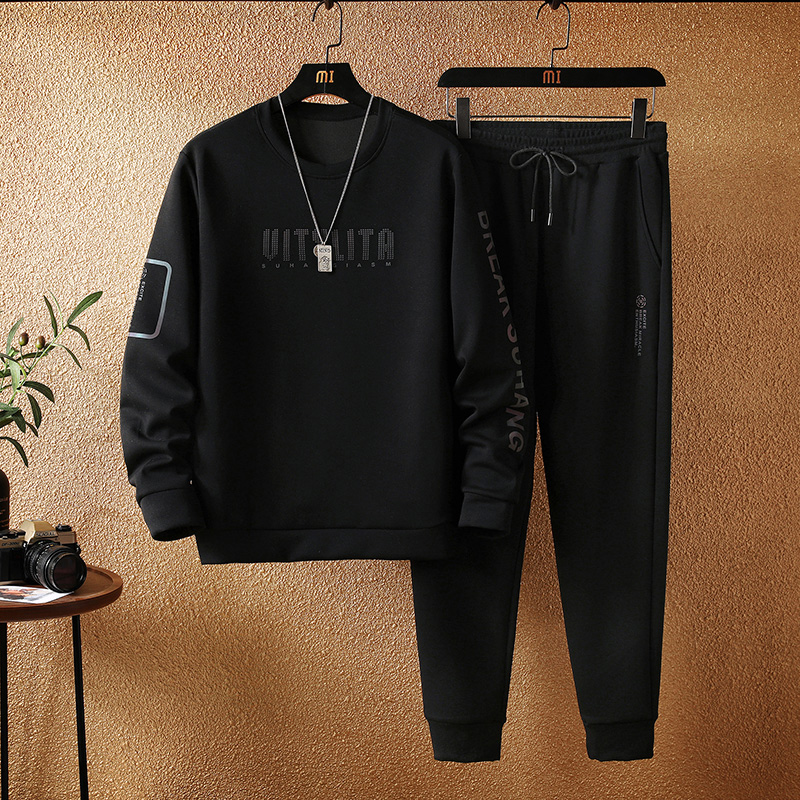 卫衣男春秋新款休闲套装潮牌加厚加绒男装宽松运动帅气秋装两件套