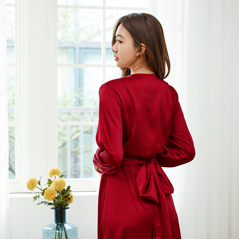 晨袍女结婚新娘伴娘法式高级红色长款丝绸婚礼睡袍