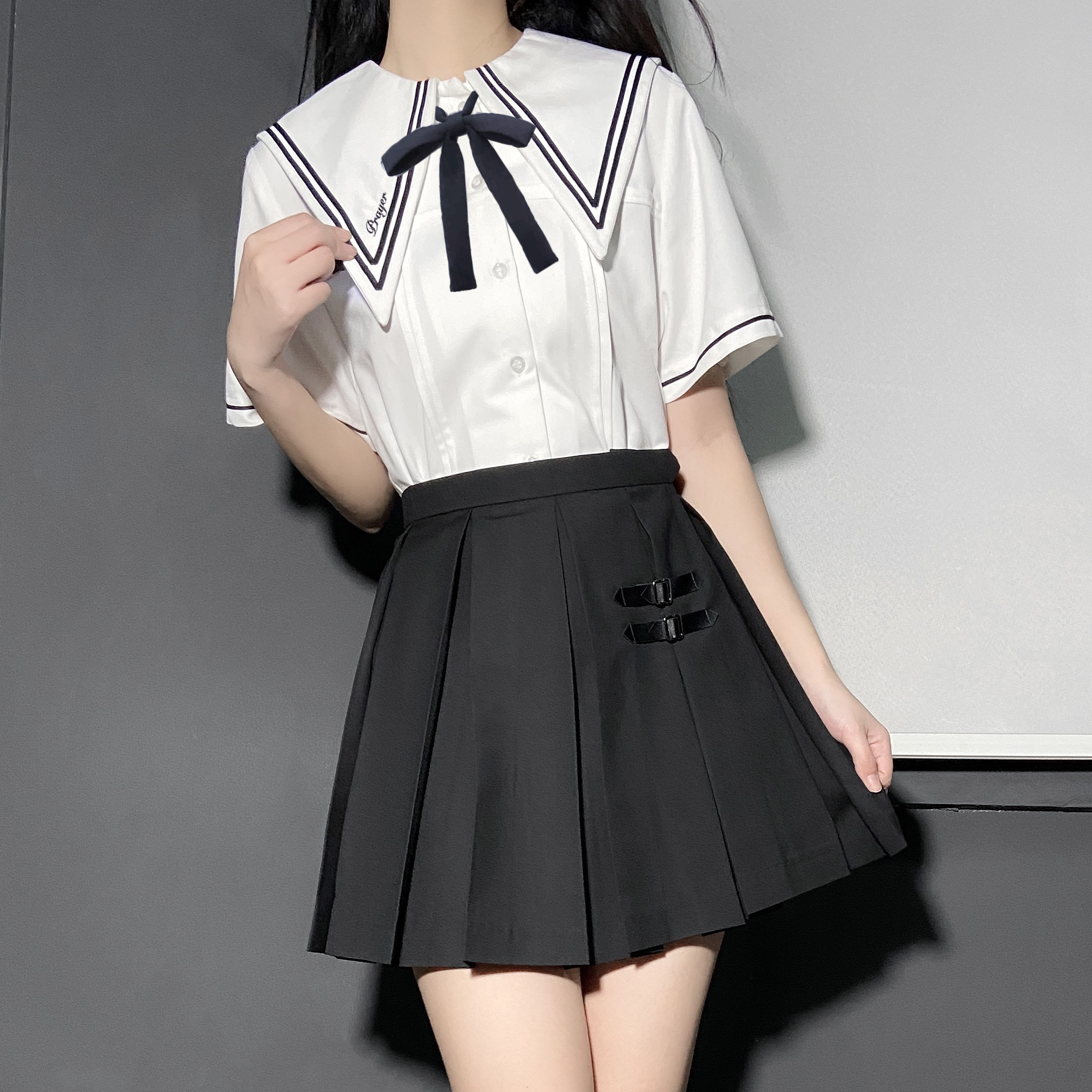 活动祈祷者纯色白褶裙半身中部箱褶高中部女子星狩半身裙