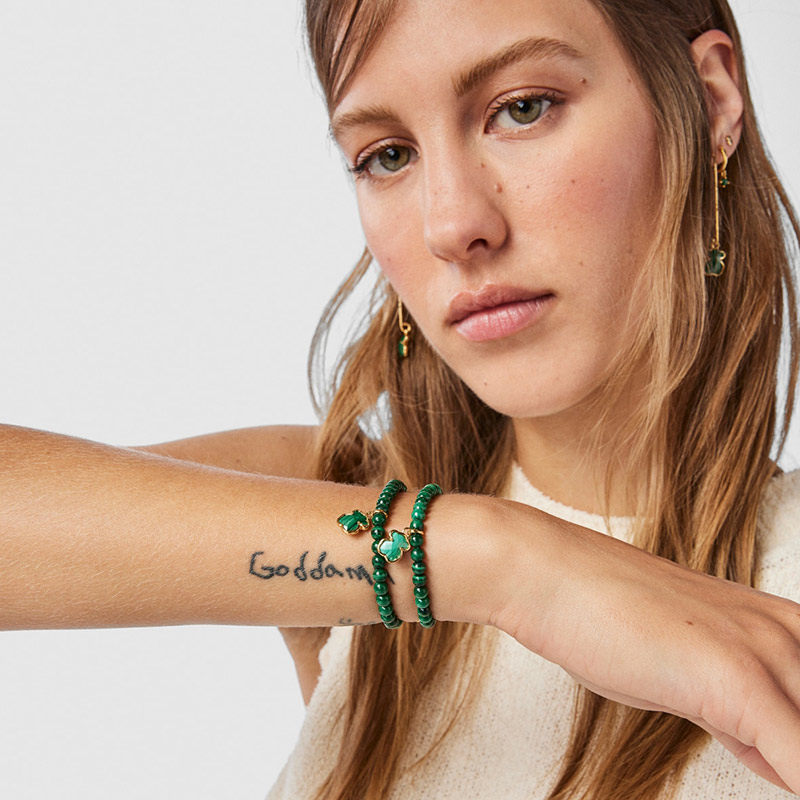 预售tous桃丝熊新品925银镀金孔雀石手链女士绿色手串新年