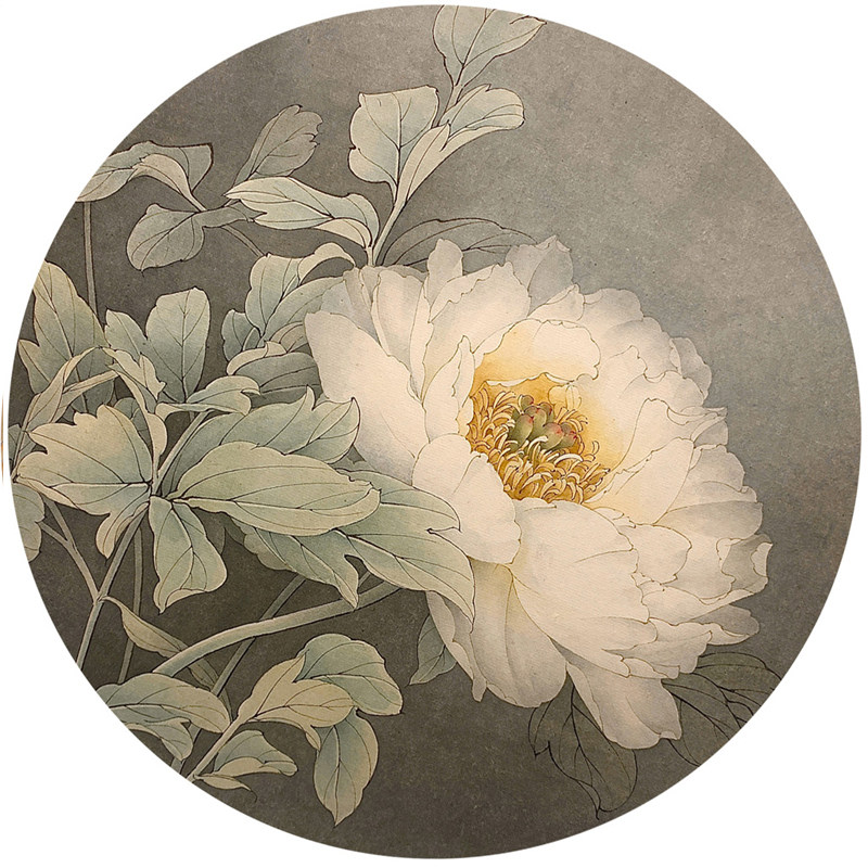 工笔画打印白描底稿圆形扇面牡丹初学者临摹勾线国画