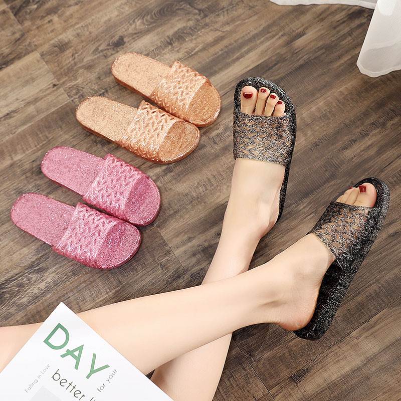 水晶透明老式塑料拖鞋平底沙滩家居家室内浴室洗澡防滑凉拖鞋女夏