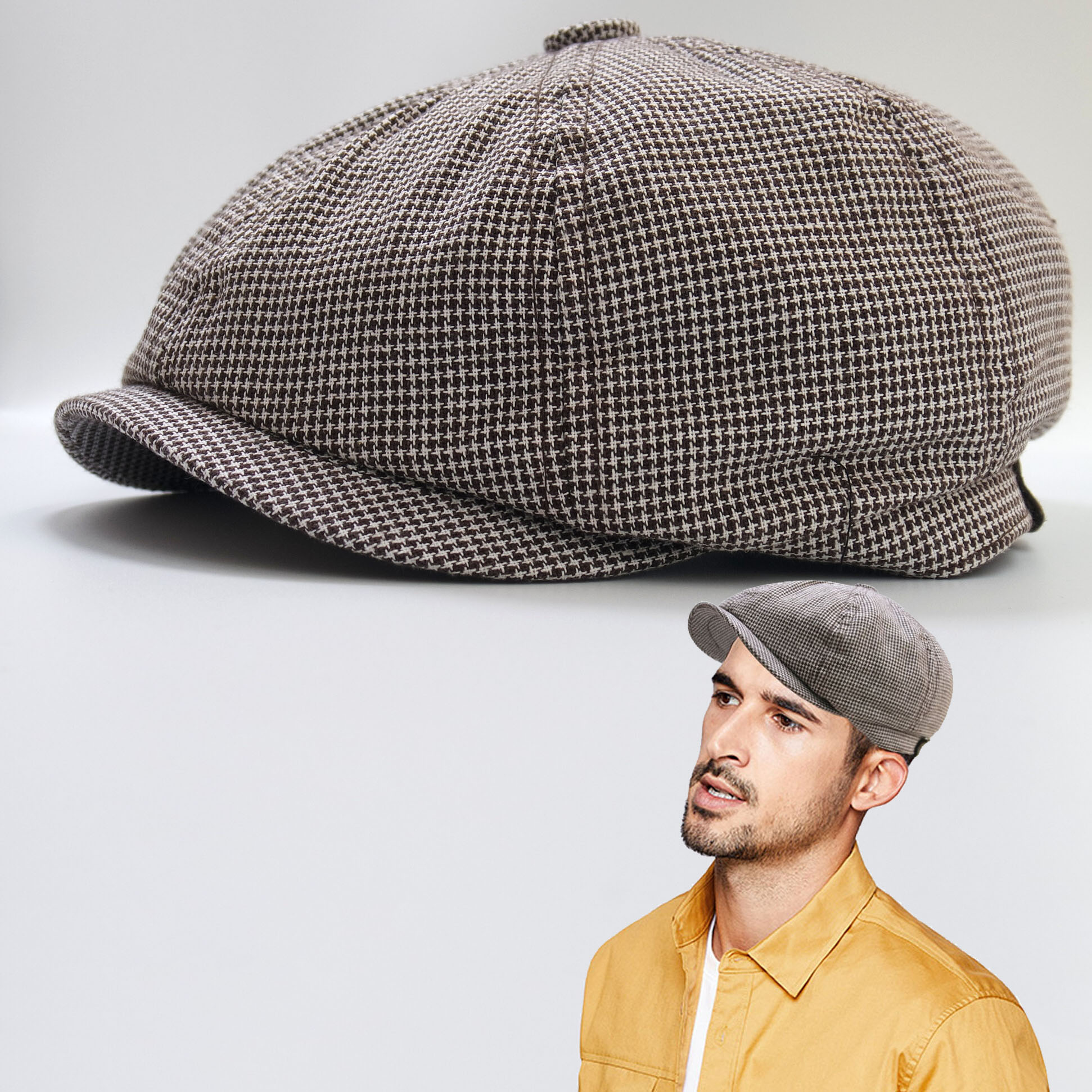 大码男士帽子文艺青年英伦千鸟格贝雷帽中老年前进报童帽子