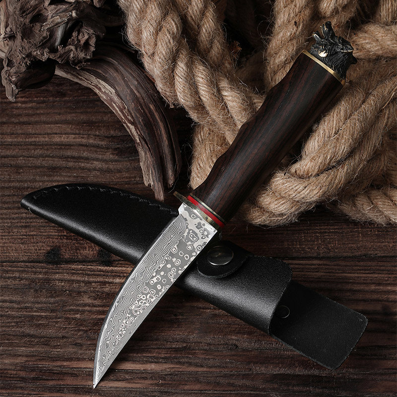 狼头大马士革直刀户外随身世界名刀刀具便携氚气刀军刀防身冷兵器
