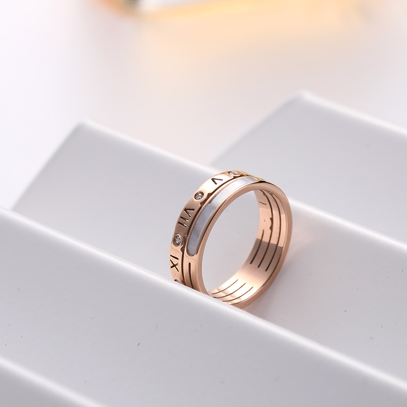 罗马戒指戒尾彩贝潮女指环数字金戒指玫瑰钛钢戒指