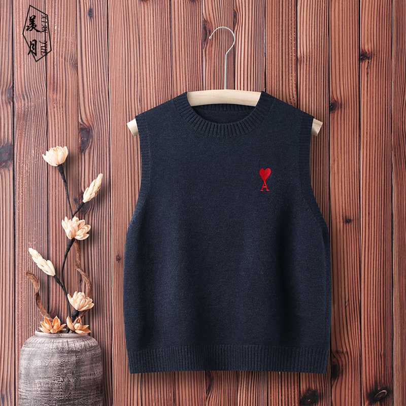 2021新款秋装套头针织马甲女式简约刺绣毛衣背心无袖坎肩外穿马夹