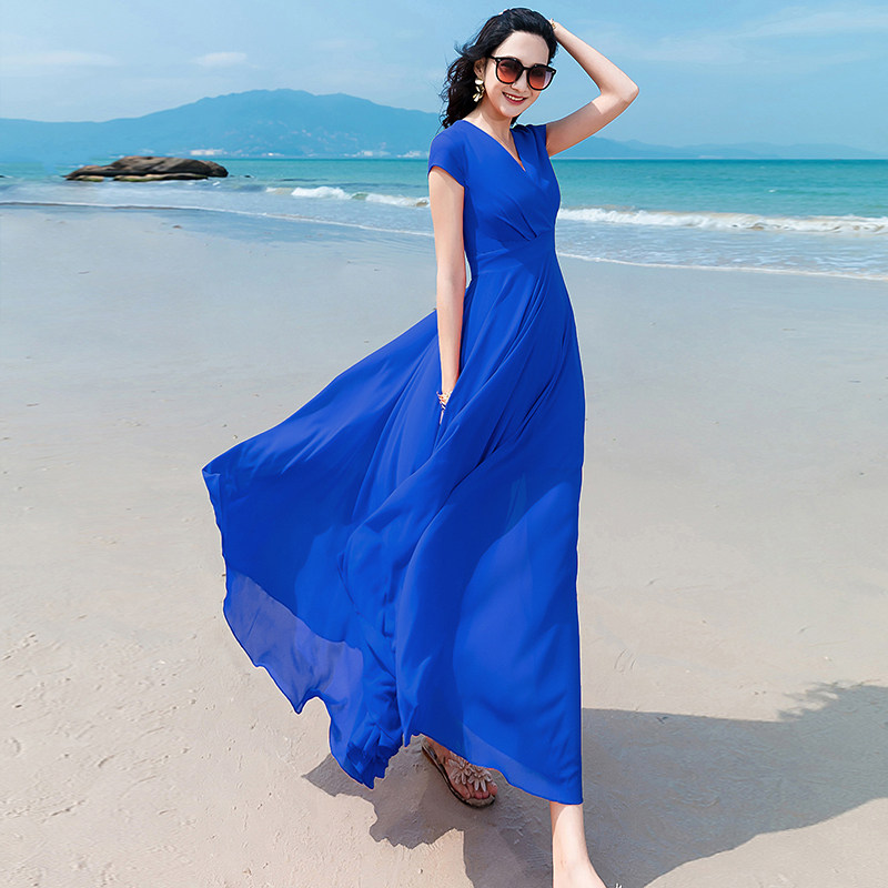 2020新款流行夏季沙滩裙子红色雪纺连衣裙女长款修身显瘦长裙超仙