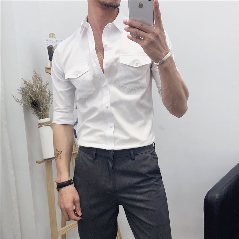 夏季薄款多口袋帅气衬衫男士韩版修身五分袖工装衬衣潮男中袖衬衣