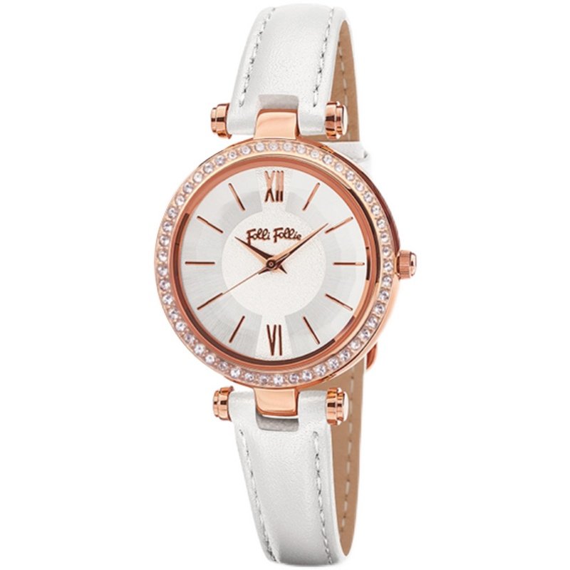 folli follie芙丽手表真皮玫瑰金简约轻奢时尚镶钻石英表防水女表