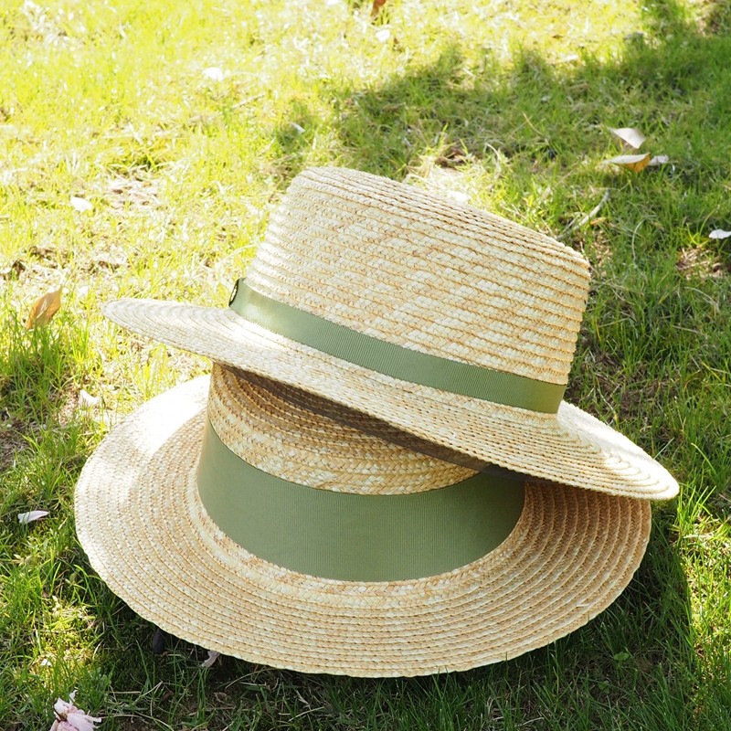 草帽欧美新款抹茶绿宽缎带麦秆防晒遮阳洋气帽子