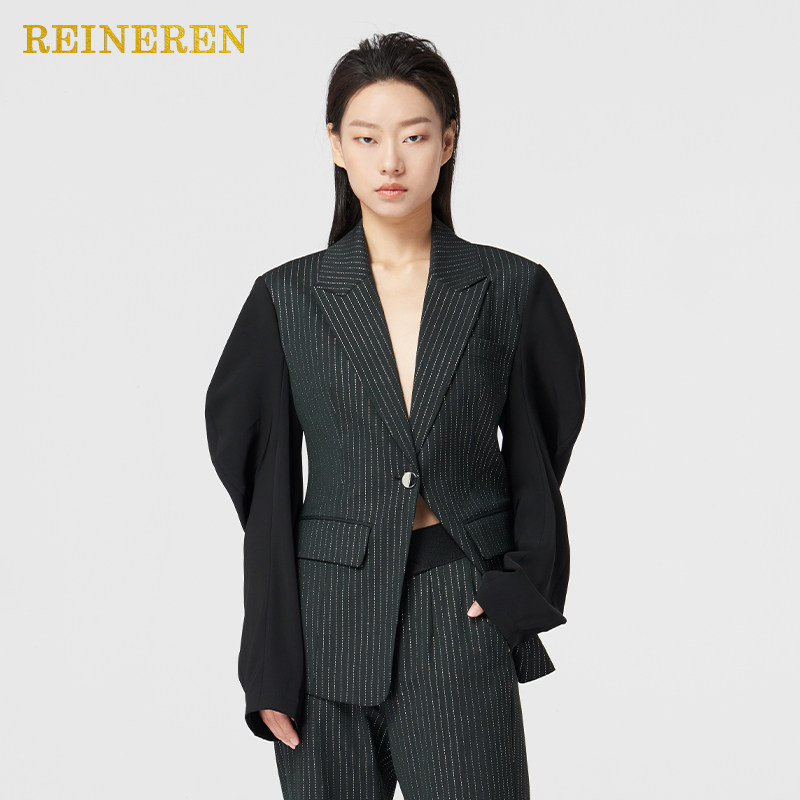 reineren设计师任茜秋冬新款黑银葱条拼接接收西装短外套