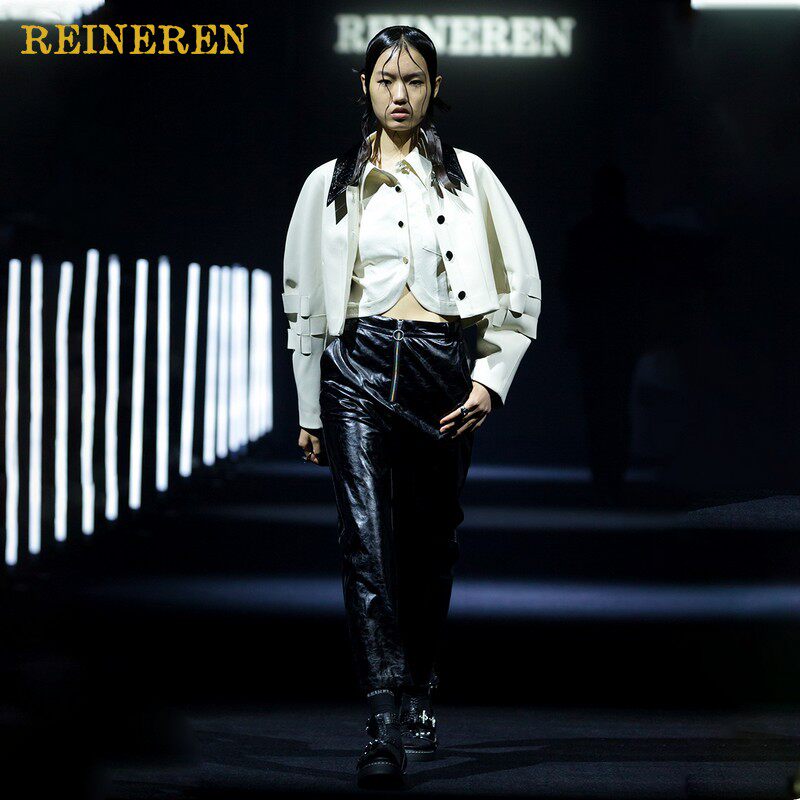 reineren设计师任茜秋季新款黑白皮革可拆卸连体休闲裤