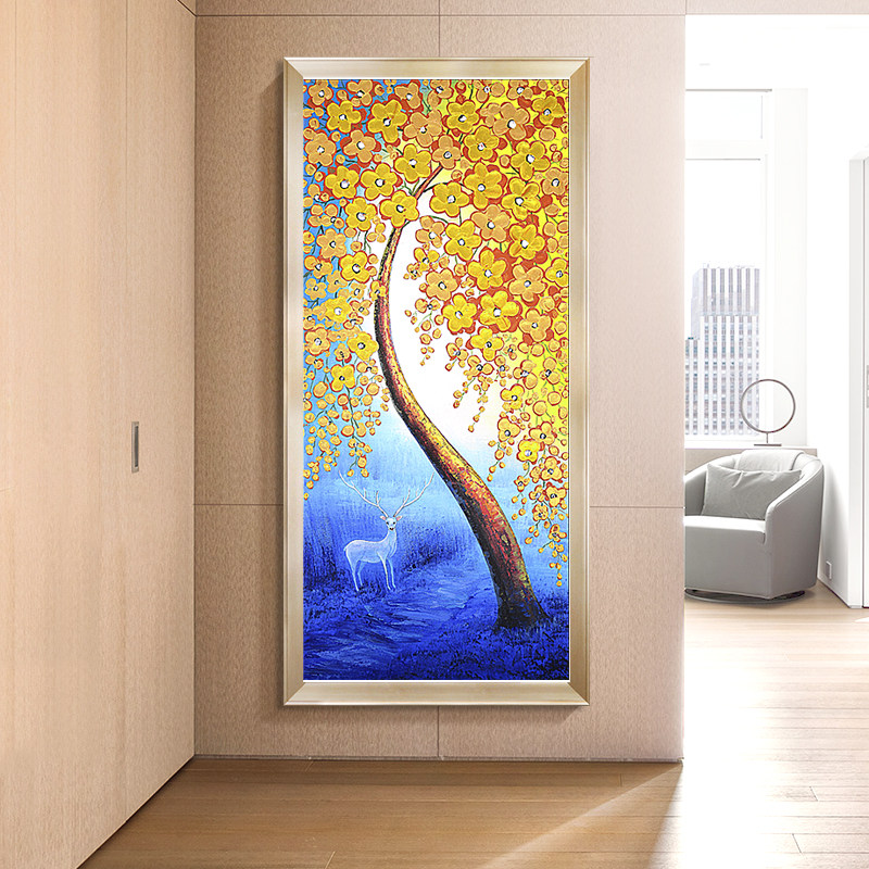 发财树油画中国国风福鹿入户玄关装饰画招财风水油画