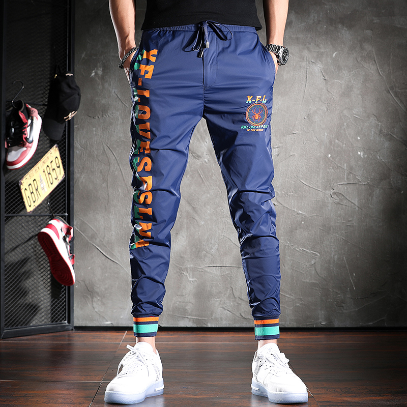 夏季超薄款休闲裤男束脚修身冰丝九分裤印花潮牌男裤子速干运动裤