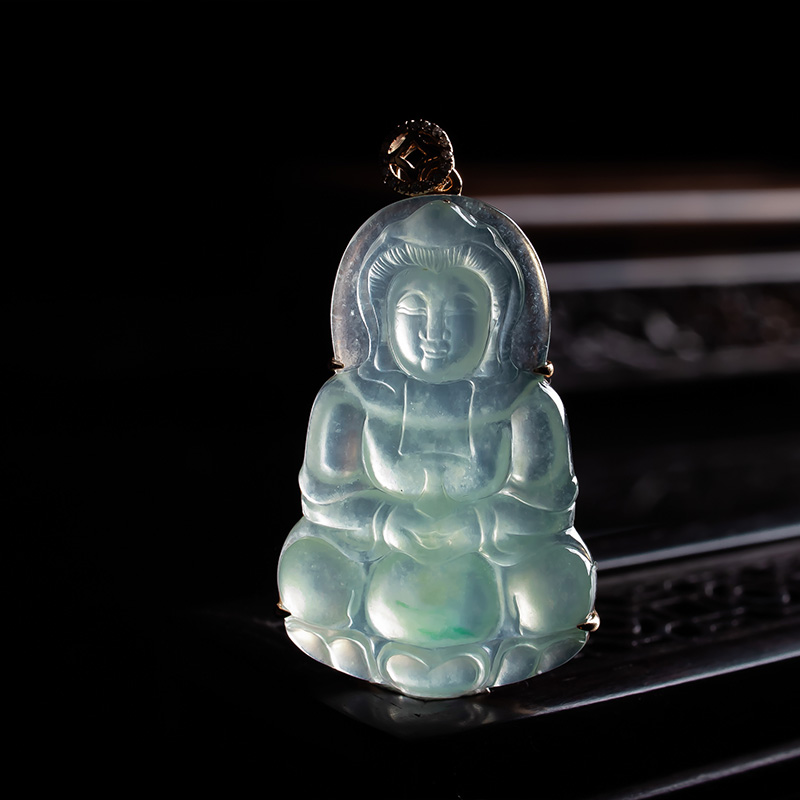 观音天然翡翠货高冰种晴水飘阳男款吊坠18k镶嵌颈饰