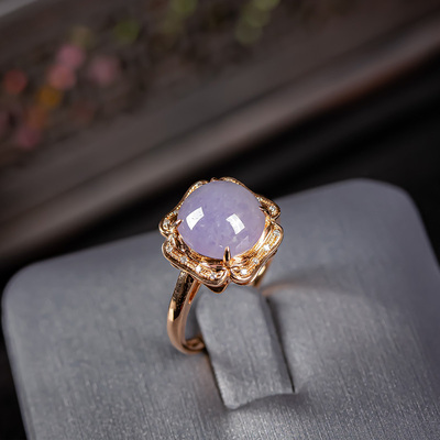 缅甸天然翡翠a货紫罗兰翡翠戒指 18k金镶嵌紫玉戒 女款玉石戒指