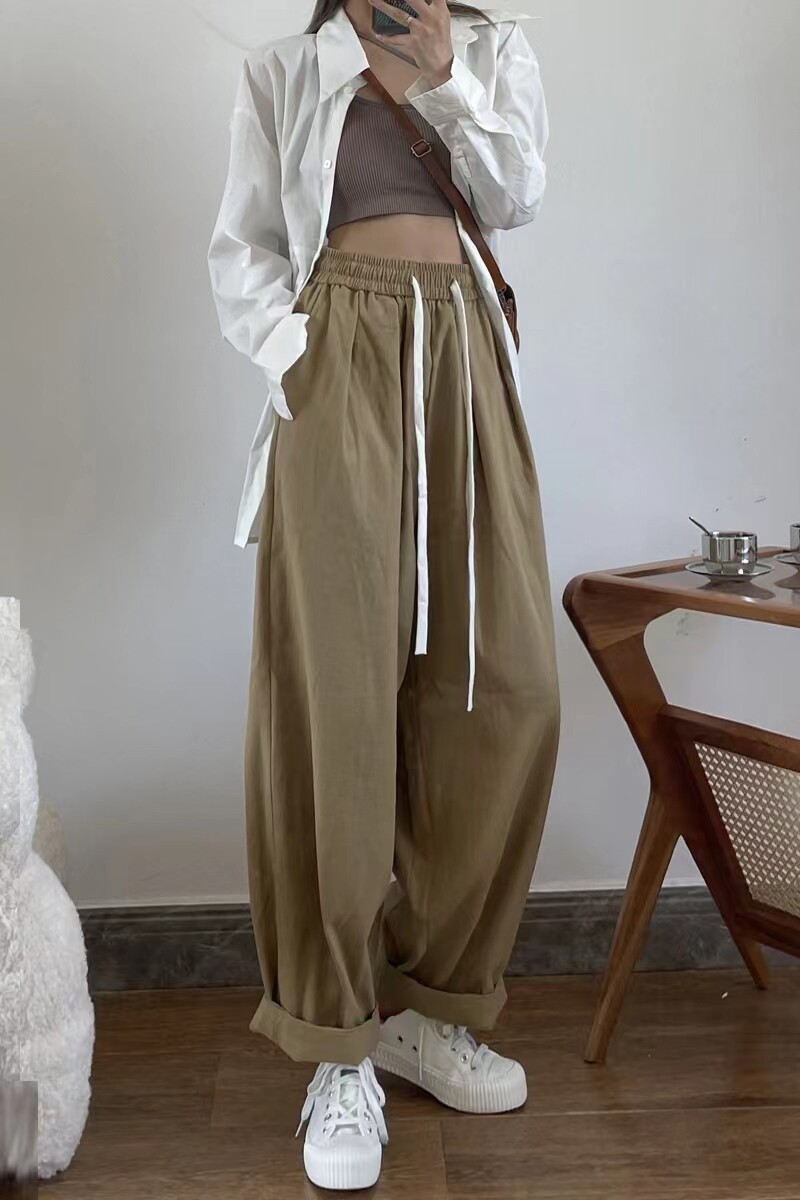 卡其色工装裤女秋季高腰日系棉麻亚麻萝卜裤子宽松休闲阔腿裤春秋