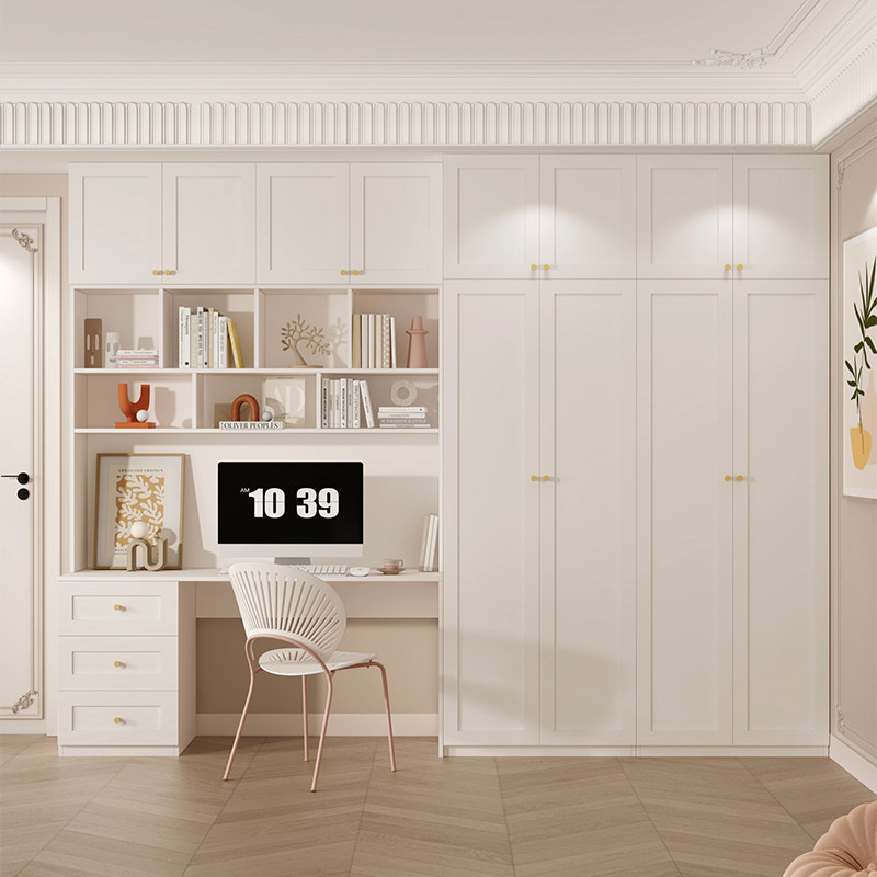 书桌奶油衣柜一体组合现代简约小户户型书架电脑桌连体书桌柜