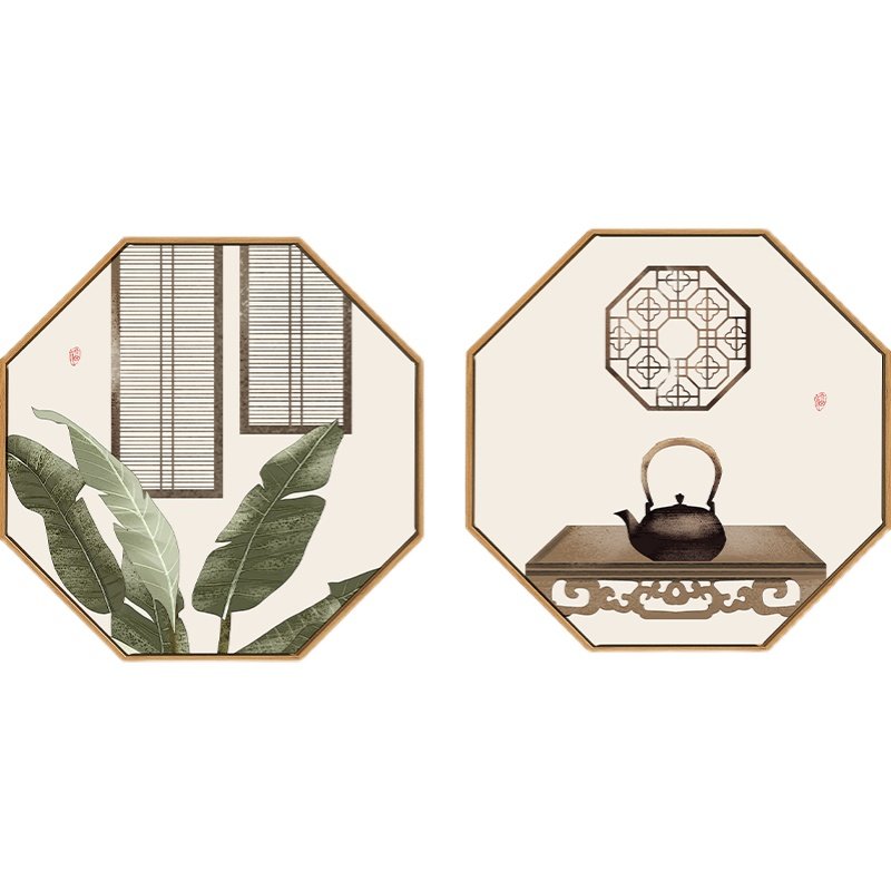 木窗窗棂新中式禅意芭蕉客厅装饰画创意八边形古风现代装饰画