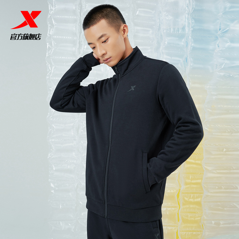 特步加绒运动套装男2021秋冬新款男装保暖外套运动服运动裤两件套