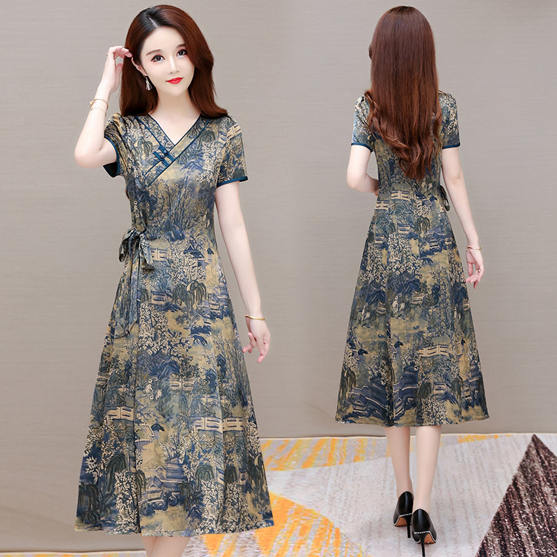 旗袍改良连衣裙夏季女装2022年新款妈妈洋气气质高端仿真丝裙子春