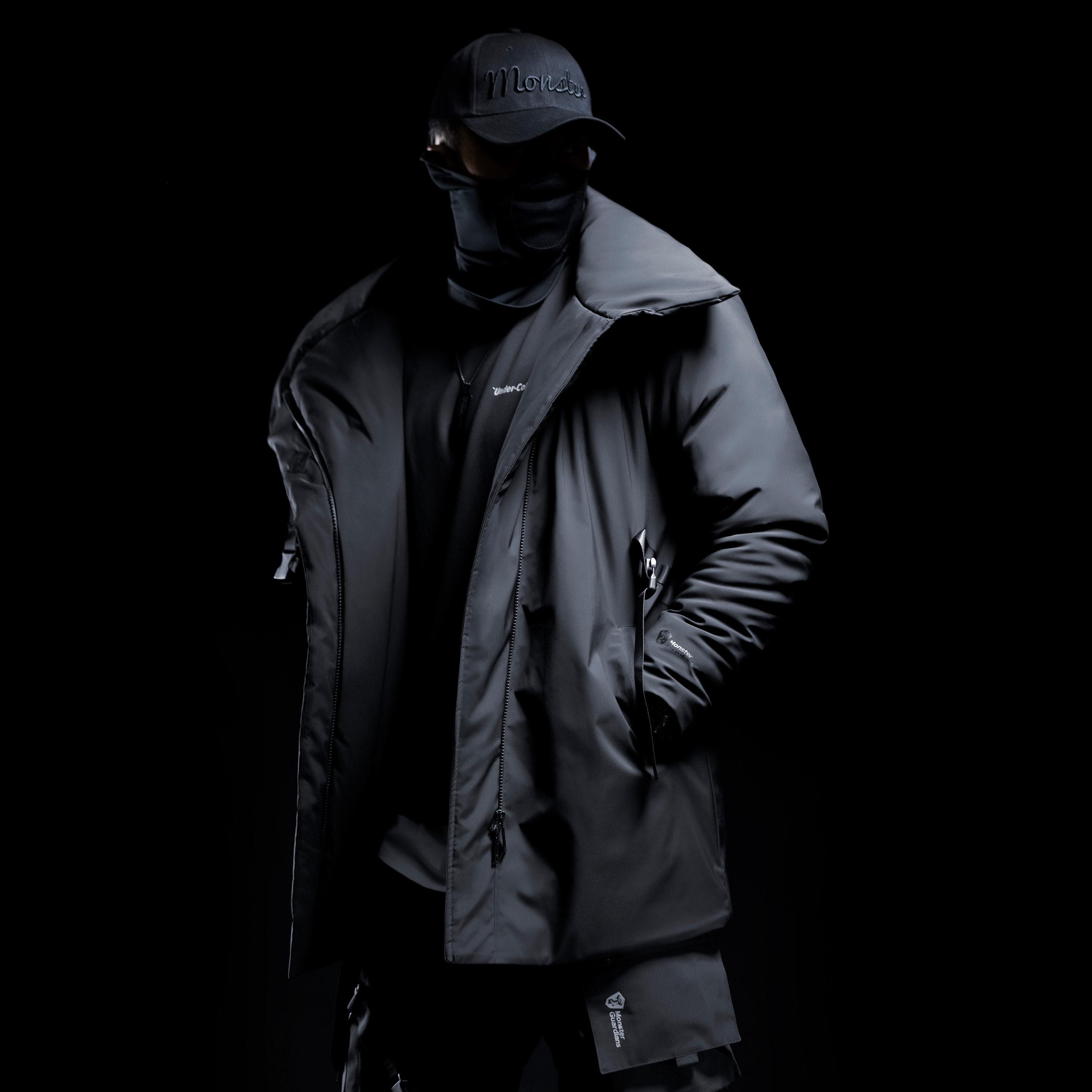 monsterguardians暗夜系列男插中长棉服机能保暖外套运动棉衣