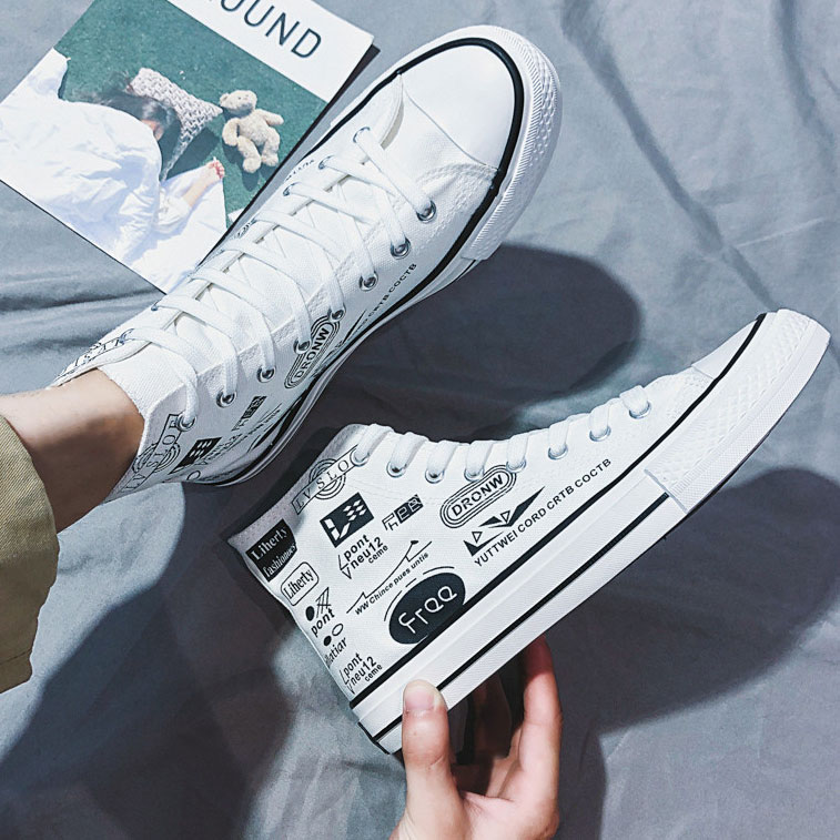 帆布鞋男高帮2021年新款夏秋季涂鸦鞋子潮流初中学生潮鞋透气板鞋