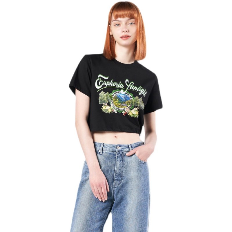 lisa同款 韩国正品直邮潮牌adlv 绿色植物艺术品图案短款短袖t恤