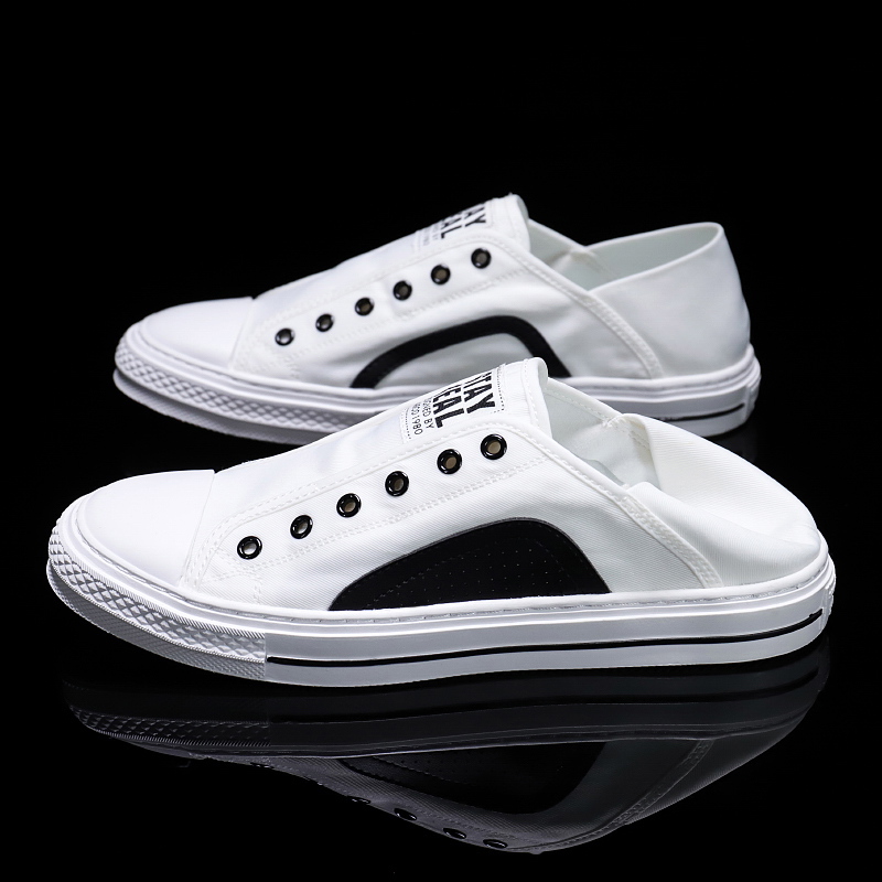 鞋子帆布鞋男透气半拖鞋秋季潮流夏季一脚蹬懒人布鞋白色板鞋男士